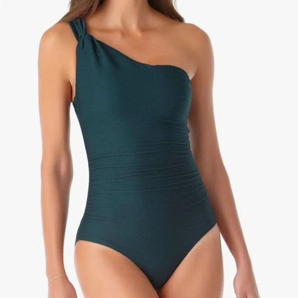 Anne Cole One Shoulder Twist One Piece Swimsuit  Emerald Green ruched slimming - Picture 1 of 7